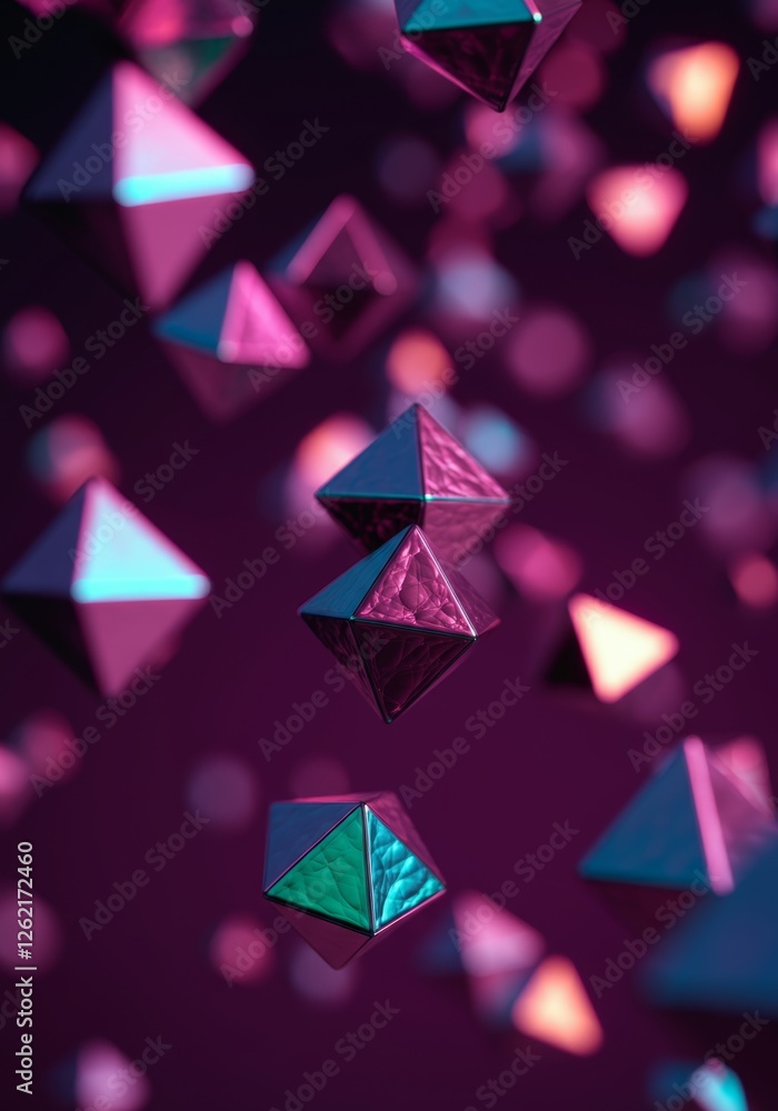 Poster abstract 3d floating geometric shapes in vibrant neon colors with bokeh background