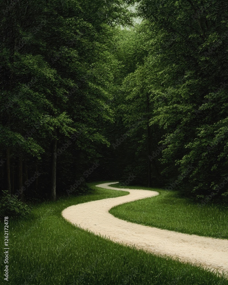 Poster a winding path meanders through lush greenery, surrounded by trees, creating a serene and tranquil n