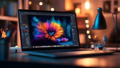 Laptop Editing Colorful Digital Art at Home