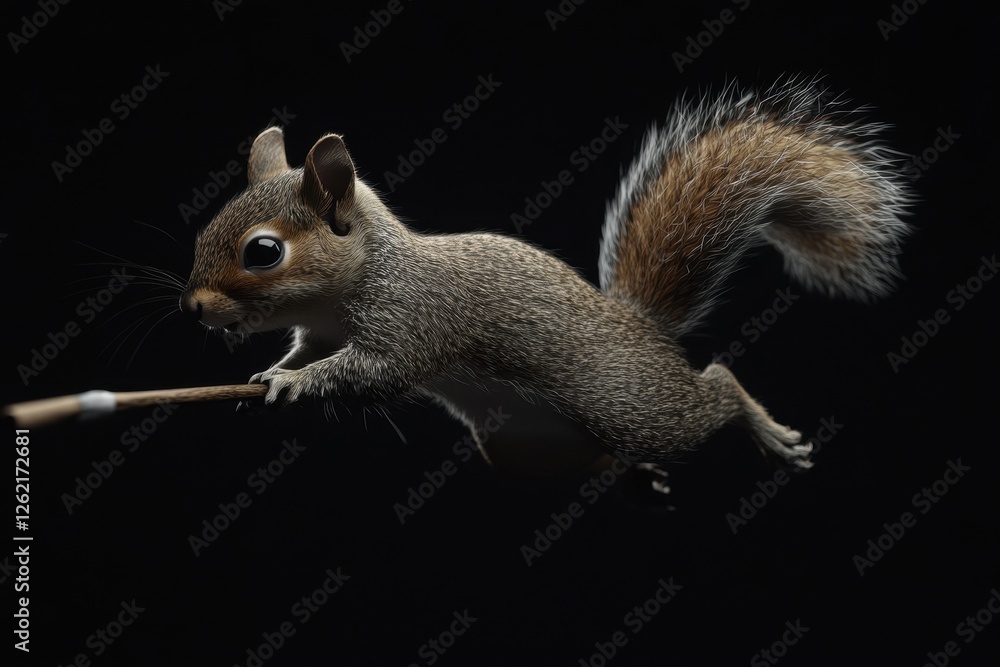 Poster animated squirrel in dynamic motion against a black background, animated squirrel arrow on a black b