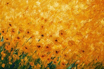 Vibrant impasto oil painting depicting a field of golden sunflowers, rich texture and warm colors.