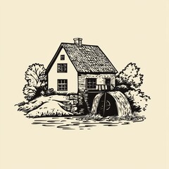 Scenic Grist Mill Amidst Trees and Flowing River a Classic Illustration Peaceful Waterside Scene