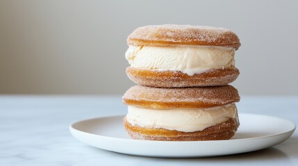 Two stacked cinnamon sugar doughnuts filled with vanilla ice cream, placed on a white plate against a neutral background. Creative dessert concept.