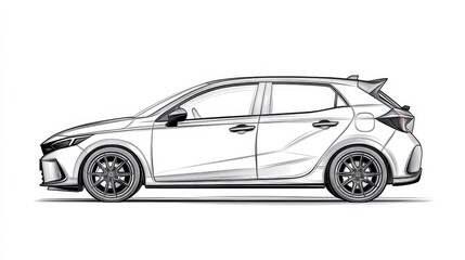 Obraz premium Outline of a Modern Compact Car in Side View on White Background