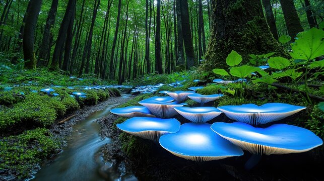 Glowing Blue Mushrooms in a Mystical Forest Stream