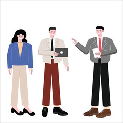 Male business workers having discussion. Office workers team discussion. Boss giving suggestion, idea, brainstorming to employees. Flat design vector illustration isolated on white background