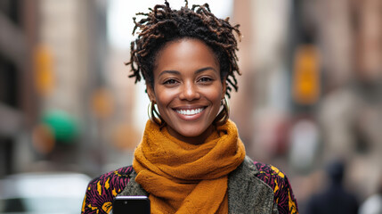Happy woman with short dreadlocks smiling in city street