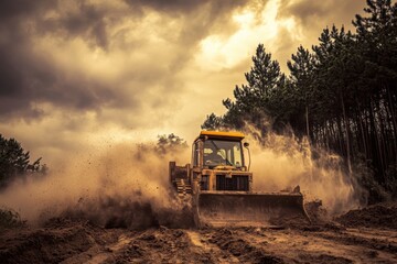 Heavy Machinery at Work in Dusty Construction Site Facing Sunset