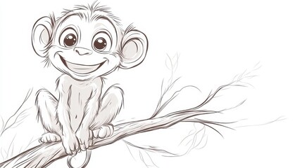 Playful Young Monkey Cartoon Sketch Sitting on a Branch Smiling