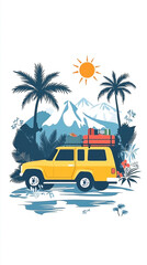 Yellow off road vehicle packed with luggage for a road trip in a tropical landscape
