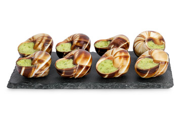 escargot snail filled with garlic and parsley butter on a stone board isolated on white background