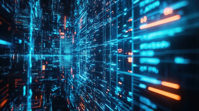 High-tech futuristic HUD interface background with glowing neon blue data elements, holographic digital design, ultra-detailed-