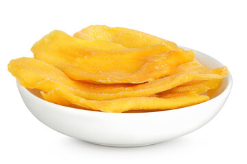 dried mango in ceramic bowl isolated on white background