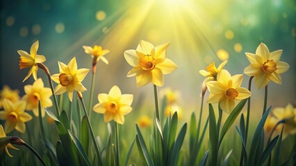 Fototapeta premium Radiant Yellow Daffodils Basking in the Warmth of Golden Sunlight, a Field of Springtime Blooms Illuminating the Landscape with Vibrant Hues