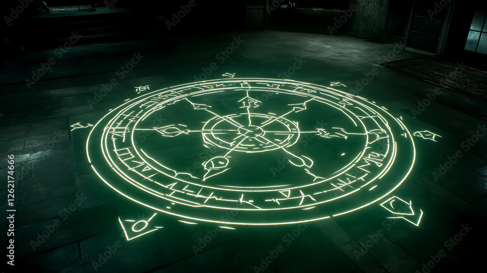 Poster ritual circle glowing magic floor symbol mystical geometric design with illuminating lines and stran