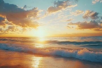 Fototapeta premium Beautiful sunset illuminating the beach with gentle waves and colorful clouds, beautiful sunset on the beach