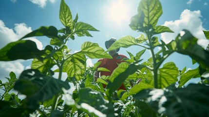 Lush regenerative crops flourishing under a clear blue sky in a sustainable farming environment