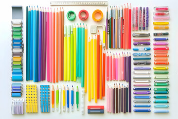 Obraz premium Vibrant collection of colorful stationery items arranged on a white background, including pencils, pens, markers, rulers, and paper clips. Perfect for back-to-school, art, or office themes.