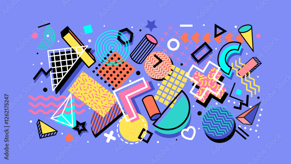 Poster abstract memphis shapes background, 80s 90s hipster pattern with geometric colorful shapes and moder