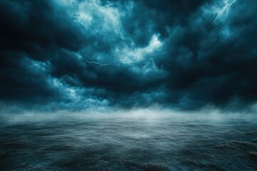 Obraz premium Dark, stormy clouds loom over a misty field, lightning flashes across the ominous sky.