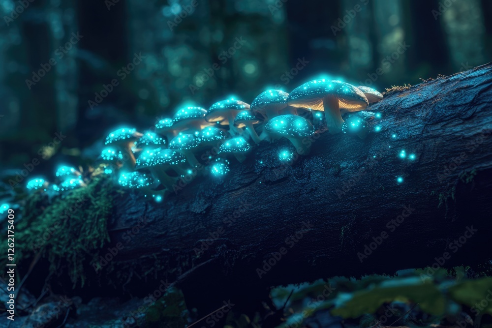 Poster Glowing bioluminescent mushrooms cluster on a dark forest log, creating an enchanting scene.