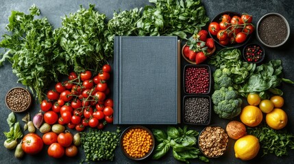 Minimalist Vegan Cookbook Surrounded by Fresh Ingredients