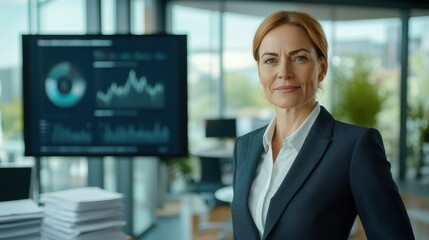 This image features a confident middle-aged businesswoman in a sophisticated office setting. Her professional attire and poised demeanor reflect leadership and success in her field.