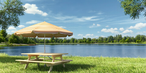 Blank picnic table mockup under a striped umbrella near a lakeside park.