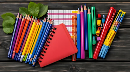 Fototapeta premium Colorful stationery supplies including pencils, pens, markers, and a notebook arranged on a dark wooden background with green leaves. Perfect for back-to-school or office supplies imagery.
