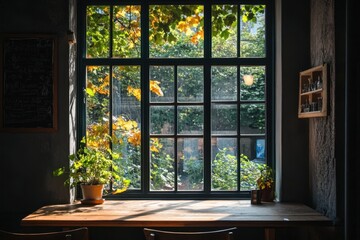 Window view shows autumn trees from a cozy interior