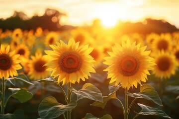 Obraz premium Two sunflowers bask in the golden sunset light of a vast field, surrounded by many more.