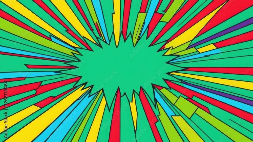Poster bold explosion graphic with vibrant colors and sharp lines on a bright background