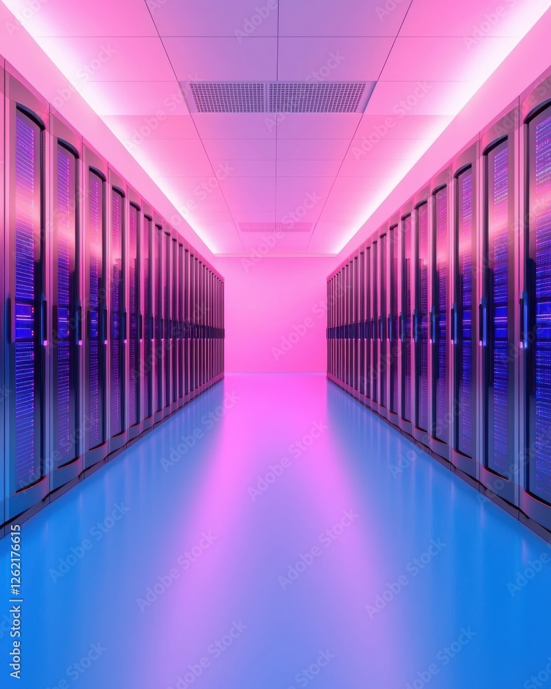 Poster a futuristic data center corridor illuminated with vibrant pink and blue lights, lined with rows of 