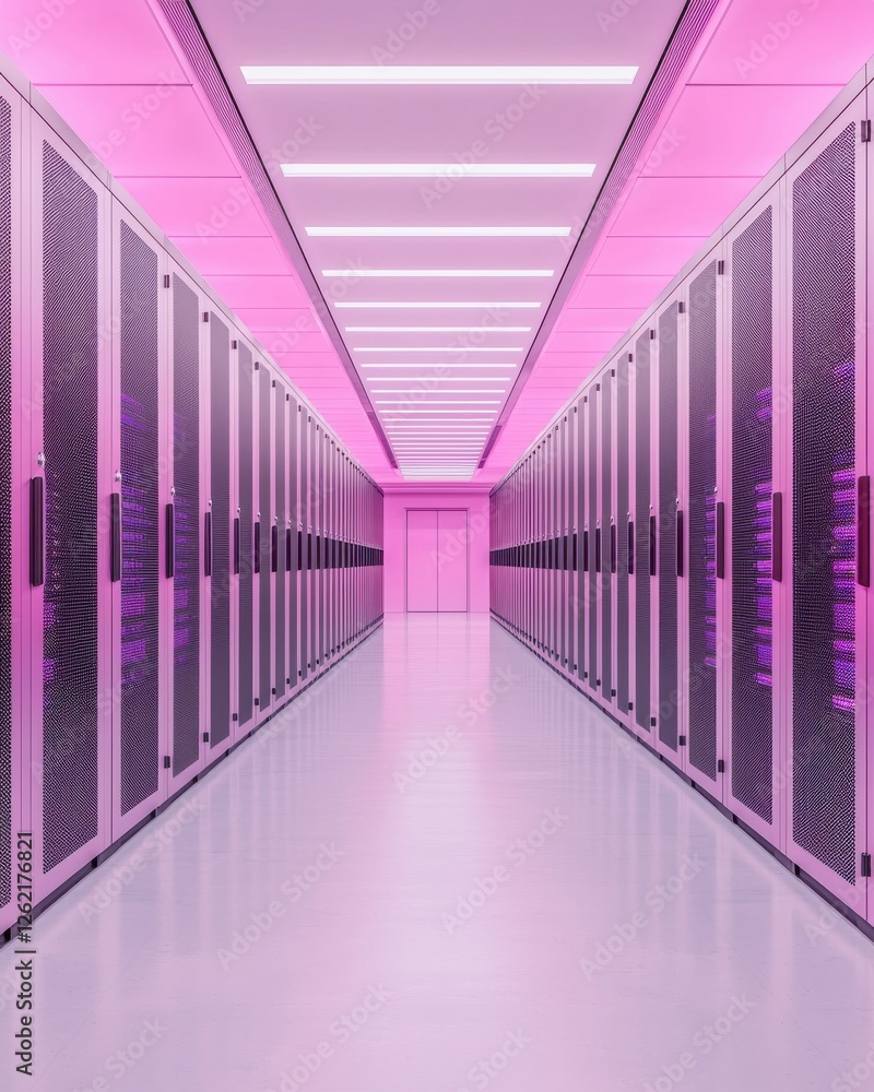 Poster a modern server room featuring rows of sleek servers illuminated by vibrant pink lighting, creating 