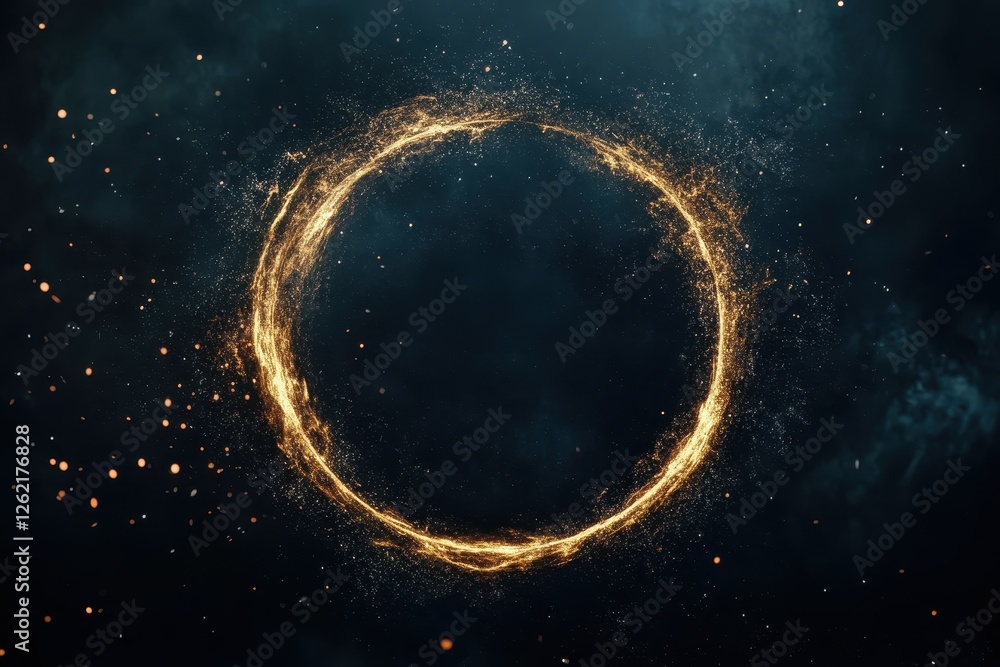 Poster golden ring particles create a dynamic circular effect against a dark background, ring particles log