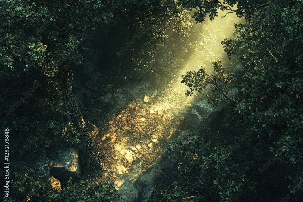 Poster sunlit path through a mystical forest, ancient trees and stones create an enchanting scene.