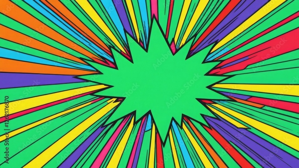 Poster dynamic explosion graphic featuring vibrant colors and sharp lines on a green background