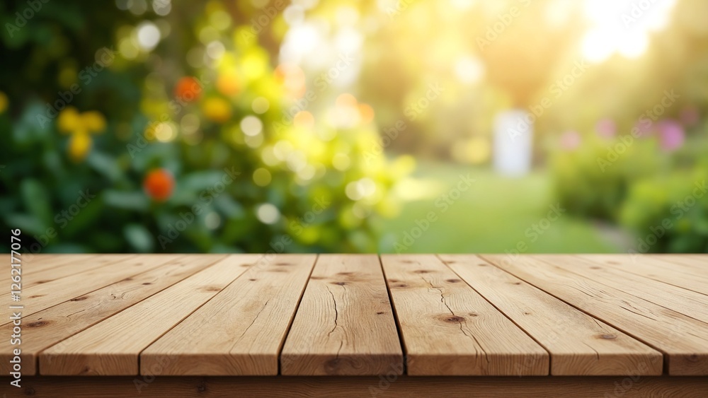 Aufkleber empty wooden table with garden bokeh for a catering or food background with a country outdoor theme,