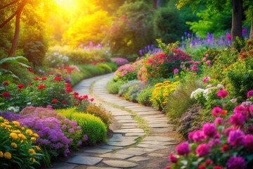 A Serene Garden Path Meandering Through Vibrant Blossoms, Bathed in Golden Sunlight