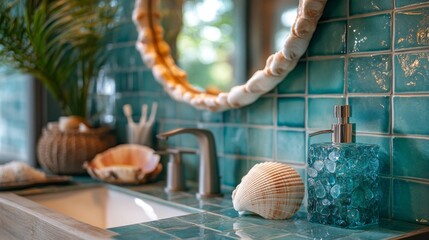 This bathroom showcases a beach theme with a shell mirror, a sea glass soap dispenser, and vibrant turquoise tiles. The design creates a refreshing coastal atmosphere