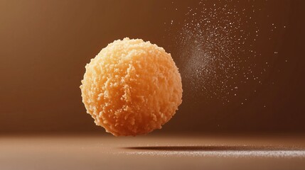 Crispy fried cheese ball with golden breadcrumbs suspended in air. Savory deep-fried appetizer concept with textured coating and dynamic motion