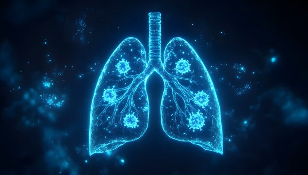 Lungs infected with virus; digital illustration; dark background; particles - Powered by Adobe