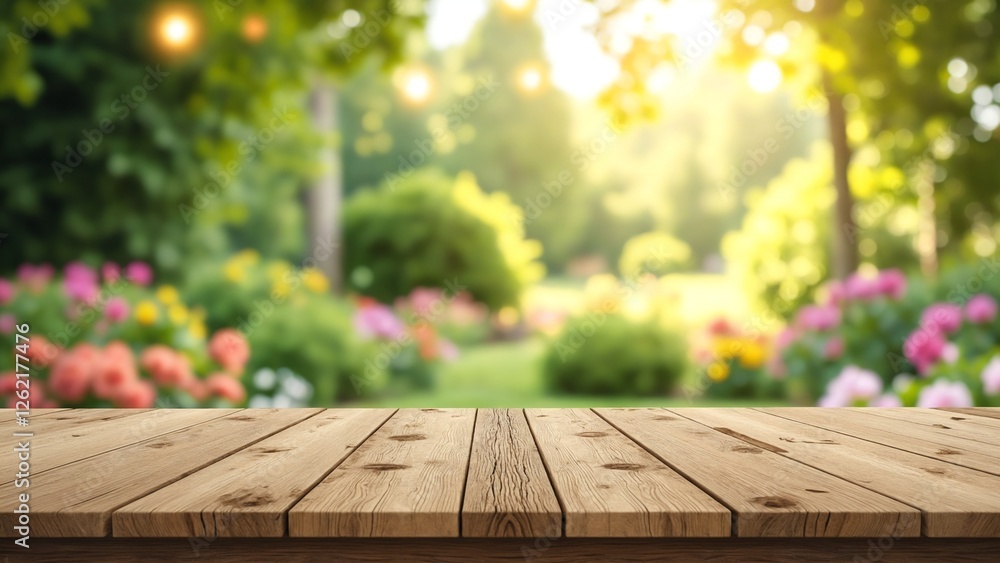 Poster empty wooden table with garden bokeh for a catering or food background with a country outdoor theme,