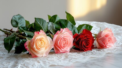 Four Roses Resting on Delicate White Lace