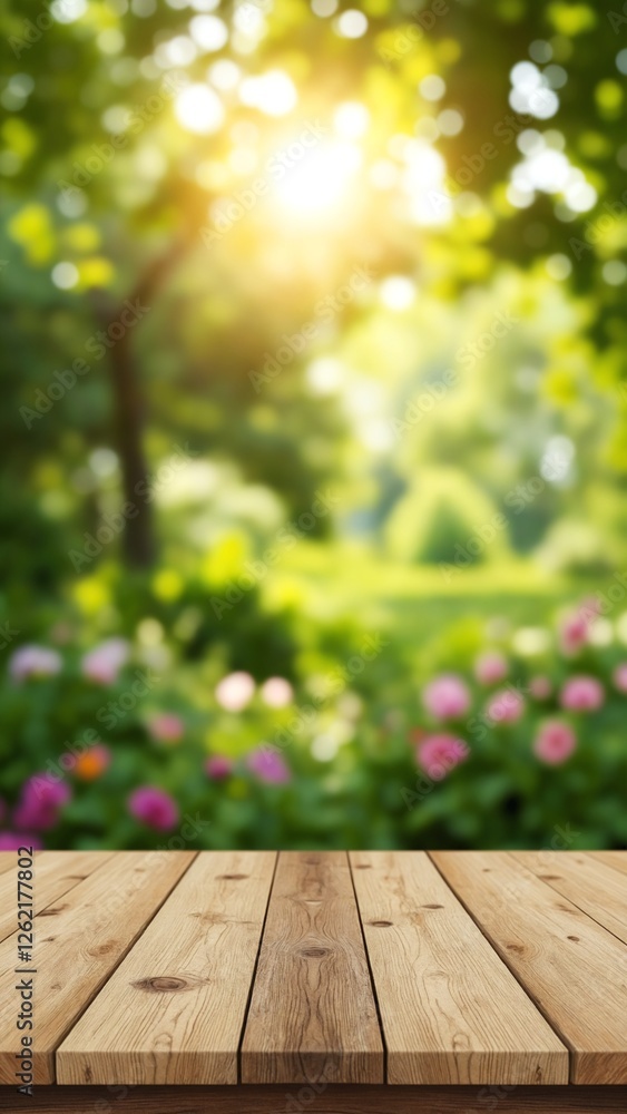 Poster empty wooden table with garden bokeh for a catering or food background with a country outdoor theme,