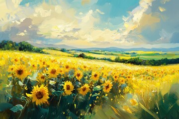 Fototapeta premium A vibrant oil painting depicting a vast sunflower field under a sunny sky, rolling hills in the background.
