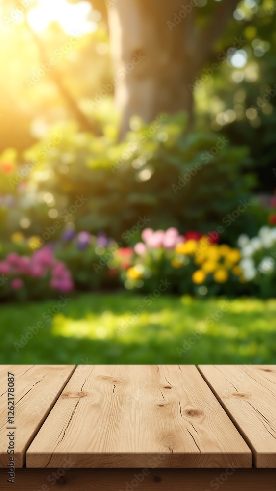 Aufkleber empty wooden table with garden bokeh for a catering or food background with a country outdoor theme,