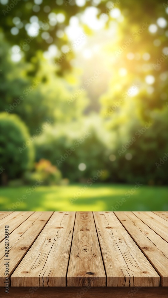 Poster empty wooden table with garden bokeh for a catering or food background with a country outdoor theme,