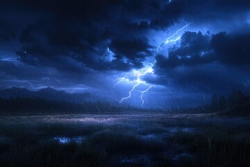A dramatic nighttime scene of a stormy landscape with lightning striking over mountains and a rain-soaked field.