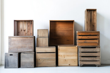 A collection of wooden crates and boxes stacked against a clean white wall, showcasing a rustic and minimalist aesthetic.